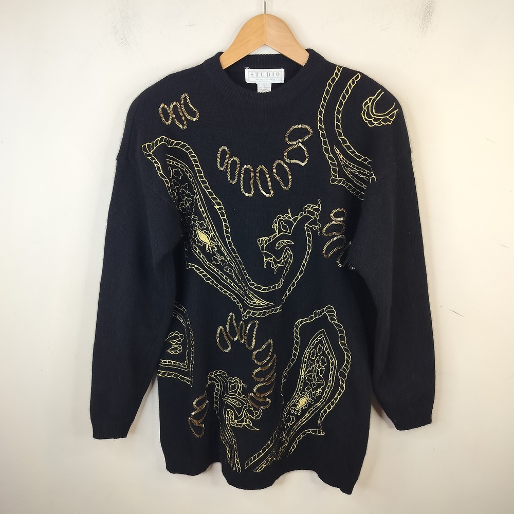 Studio Michelle Stuart Vintage Sweater Large Gold Beaded Embroidered Angora Wool